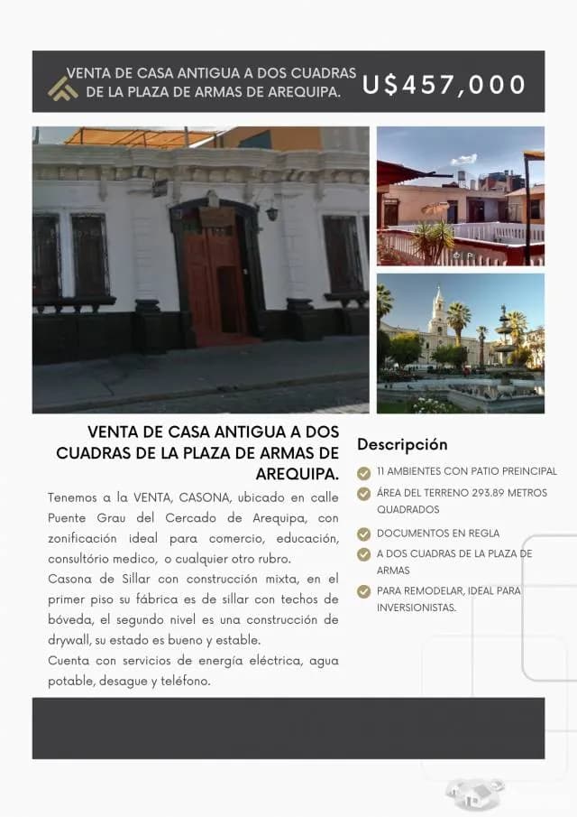 VENTA, CASONA, ubicado en calle Puente Grau del Cercado de Arequipa - 1