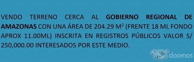 VENTA DE TERRENO DE 204.00M2 CERCA AL GOBIERNO REGIONAL AMAZONAS - 1